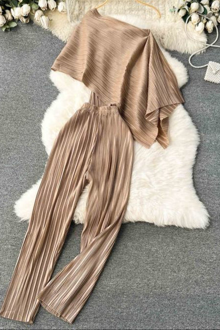 Summer New Irregular Loose Shirt Pleated High Waist Wide Leg Long Pants Women's Set