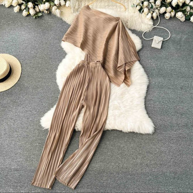 Summer New Irregular Loose Shirt Pleated High Waist Wide Leg Long Pants Women's Set