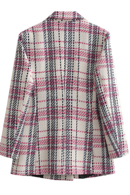 Double Breasted Plaid Pattern Long Sleeve Notched Collar Casual Tweed blazer for Women