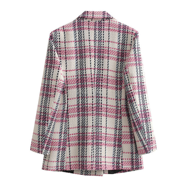 Double Breasted Plaid Pattern Long Sleeve Notched Collar Casual Tweed blazer for Women