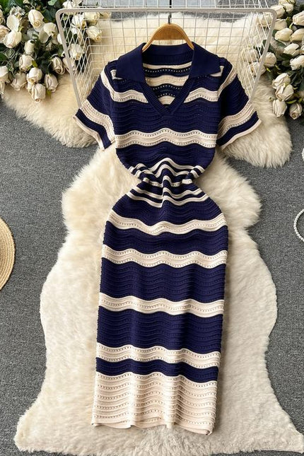 Short Sleeved Striped Knit Dress Women'S Summer New Hollow V-Neck Dresses
