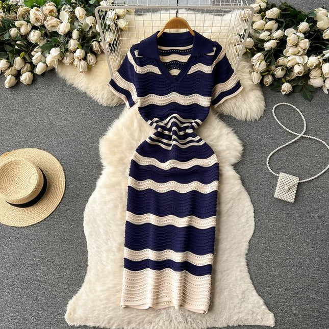 Short Sleeved Striped Knit Dress Women'S Summer New Hollow V-Neck Dresses