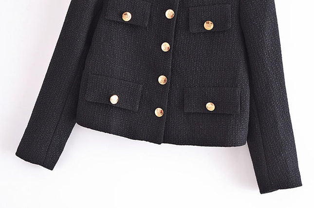 Black Color Crew Neck Cute Design Tweed Jacket Women Fashion Short Trench Coat With Pockets