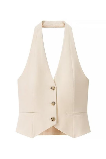 Back Hollow Out Beige Color Buttons up Casual Fashion Crop Halter tank Top for Women