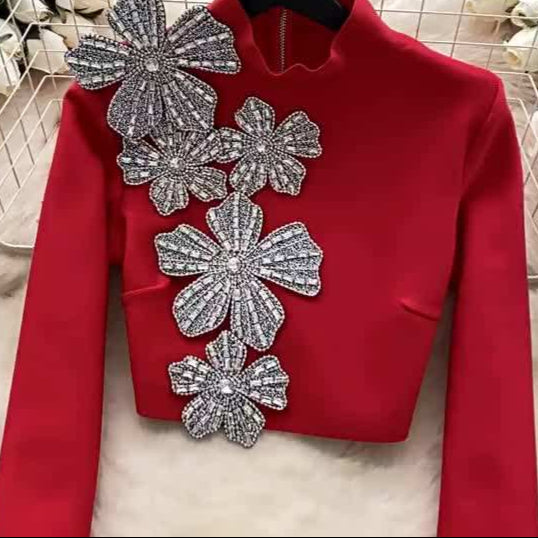 2 Piece Set Long Sleeve Luxury Crystal Flowers Evening Party Mini Skirt Set