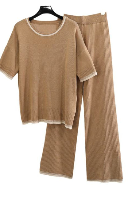 Fashionable Round Neck Short Sleeved Knitted Sweater High Waist Drooping Feeling Long Pants Pit Stripe Knit Two-Piece Set