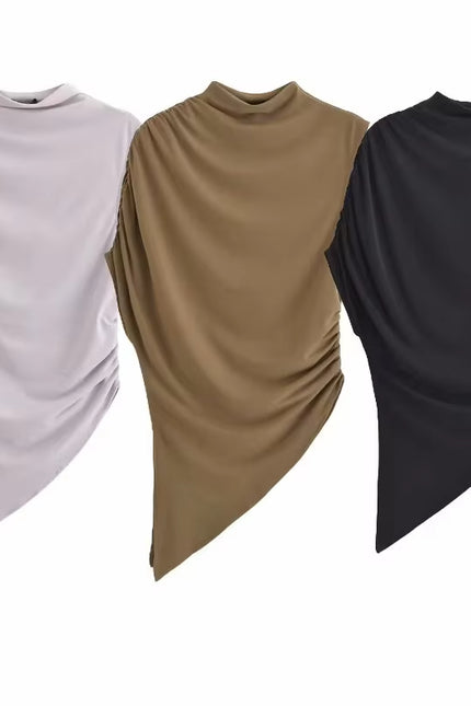 3 Colorway Solid Color Sleeveless Crew Neck Asymmetrical Design Casual Fashion Tops Blouse for Women