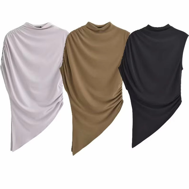 3 Colorway Solid Color Sleeveless Crew Neck Asymmetrical Design Casual Fashion Tops Blouse for Women