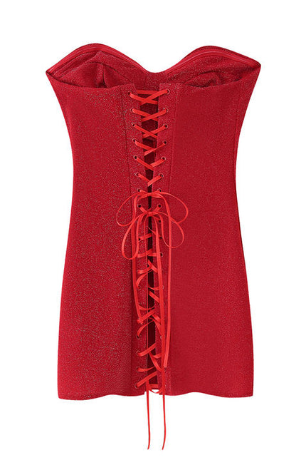 2 Colorway Strapless Red Color Back Lace up Sleeveless Casual Fashion Mini Dress for Women