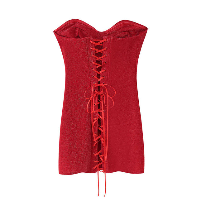 2 Colorway Strapless Red Color Back Lace up Sleeveless Casual Fashion Mini Dress for Women