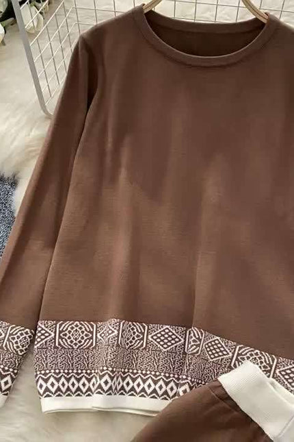 Women Fashion Round Neck Long Sleeve Jacquard Knit Top High Waisted Wide Leg Pants Casual Set