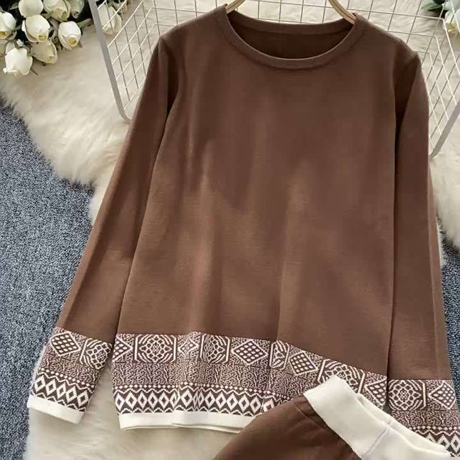 Women Fashion Round Neck Long Sleeve Jacquard Knit Top High Waisted Wide Leg Pants Casual Set
