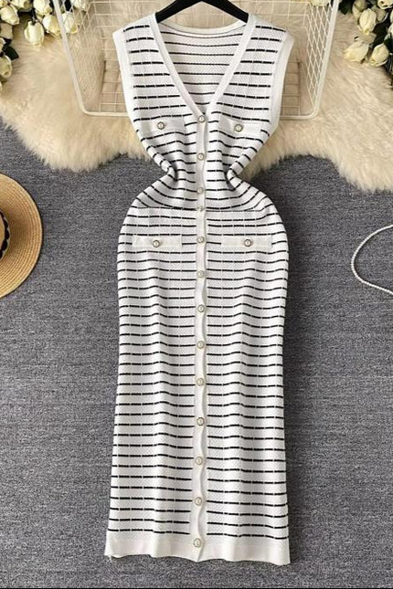 Knitwear Manufacturer Custom Contrast Color Striped V Neck Single Breasted Sleeveless Luxury Knit Dress