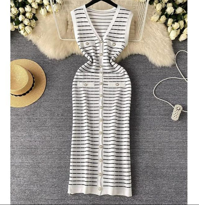 Knitwear Manufacturer Custom Contrast Color Striped V Neck Single Breasted Sleeveless Luxury Knit Dress