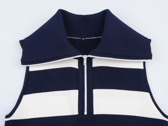 Turn Down Collar Zipper Fly Striped Pattern Navy White Color Sleeveless Casual Fashion Mini Knit Dress for Women