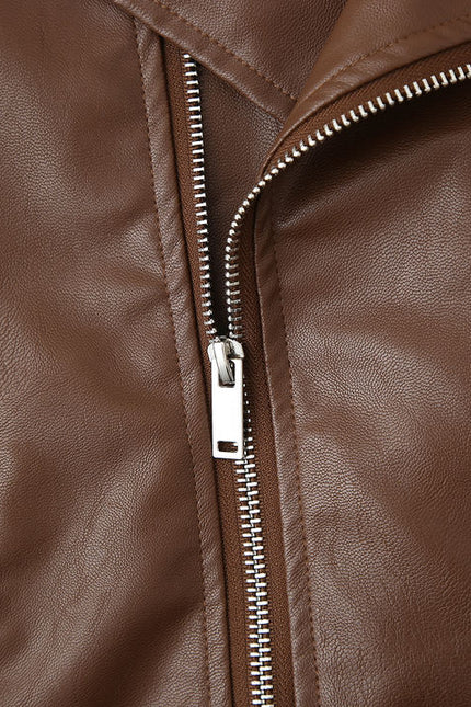 2 Colorway Notched Collar Long Sleeve Solid Color Zipper Fly Casual Fashion PU Leather Motorcycle Jacket for Women