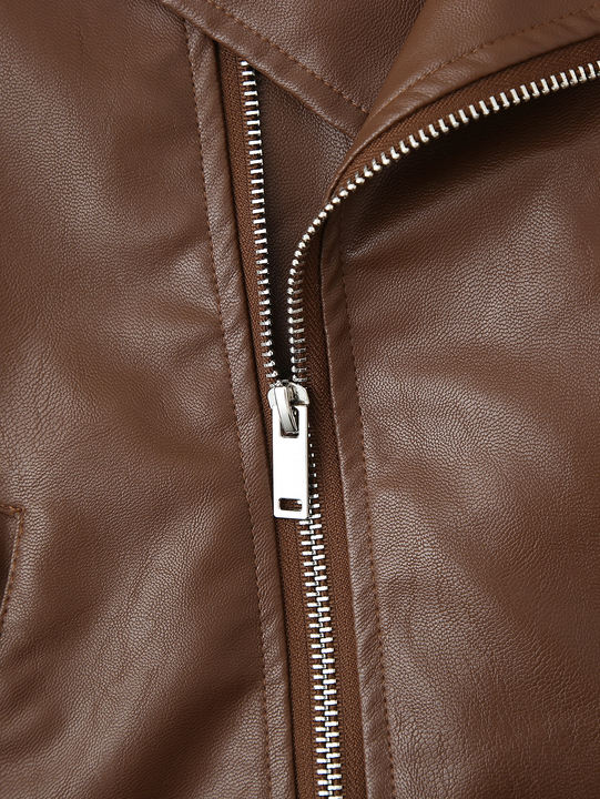2 Colorway Notched Collar Long Sleeve Solid Color Zipper Fly Casual Fashion PU Leather Motorcycle Jacket for Women