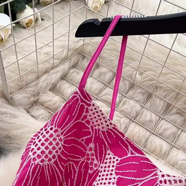 French Premium Embroidery Hollow Out Backless Halter Vacation Elegant Long Dresses for Women