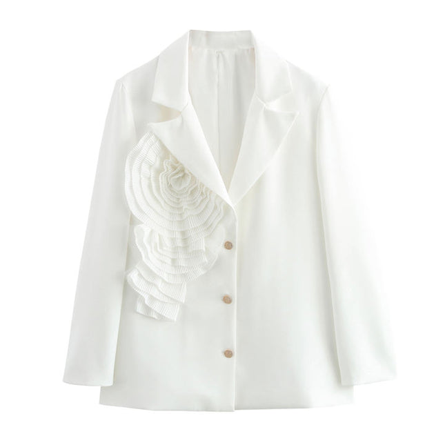 White Color Single Breasted Long Sleeve Front Flower Casual Fashion blazer Jacket for Women