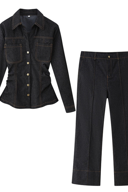 Denim Black Color Long Sleeve Single Breasted Turn Down Collar Casual Fashion Jeans Tops Blouse for Women