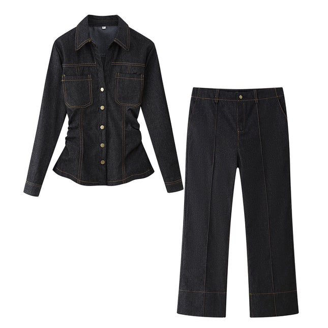 Denim Black Color Long Sleeve Single Breasted Turn Down Collar Casual Fashion Jeans Tops Blouse for Women