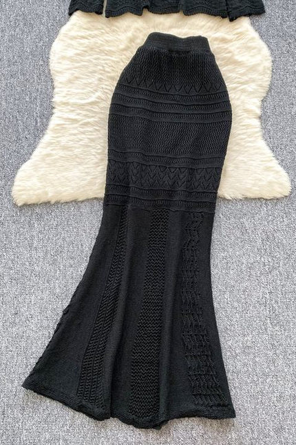 Two-piece Set Gentle Women Versatile Outfit Round-neck Short Sleeve Knitted Top Hollow-out Crocheted Hip-hugging Pencil Skirt