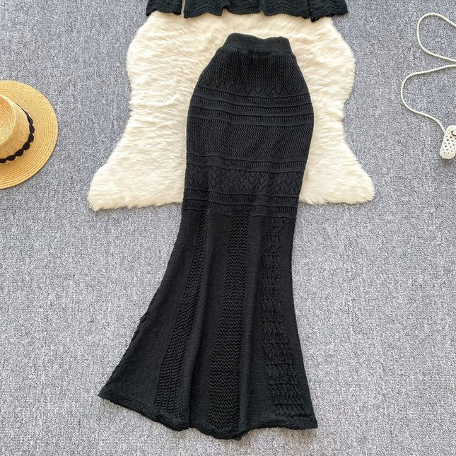 Two-piece Set Gentle Women Versatile Outfit Round-neck Short Sleeve Knitted Top Hollow-out Crocheted Hip-hugging Pencil Skirt