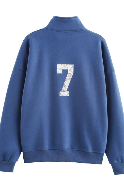 Stand Collar Blue Color Front Letter Print Long Sleeve Casual Fashion Sweatshirt for Women
