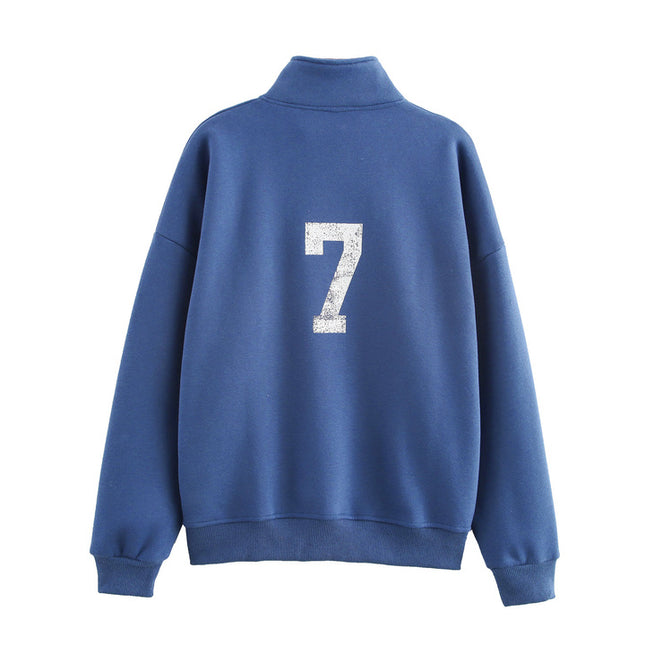 Stand Collar Blue Color Front Letter Print Long Sleeve Casual Fashion Sweatshirt for Women