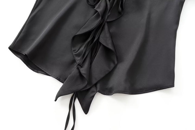 V Neck Black Color Long Sleeve Front Ruffle Casual Fashion Modest Blouse for Women