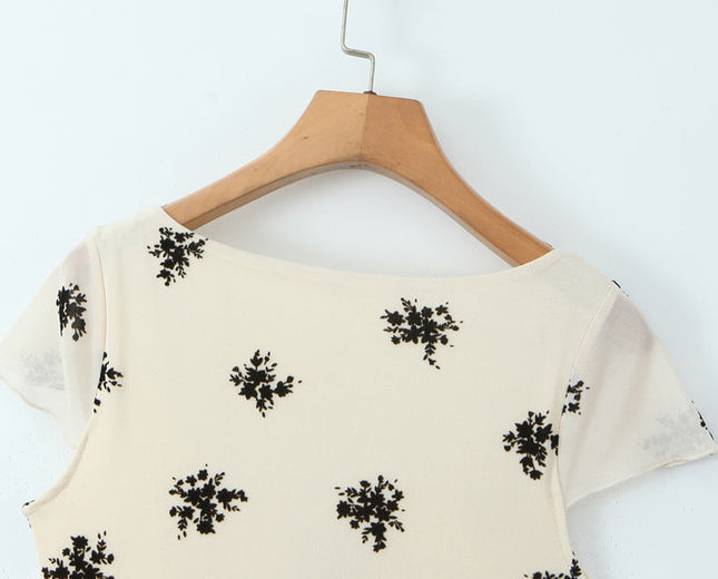 Square Collar Floral Print Beige Color Short Sleeve Casual Fashion Mini Summer Dress for Ladies