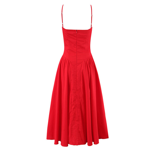 Spaghetti Strap Red Color Zipper Fly Hot Sale Casual Fashion Long Cotton slip Dress for Women