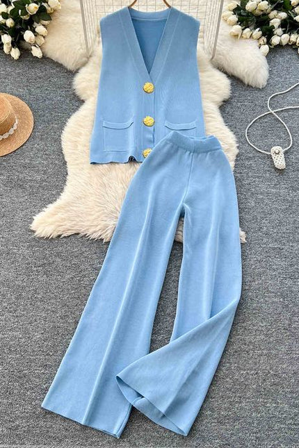 Verão Solid Sleeveless Cardigan Set Casual Metal Button Knit Vest Wide Leg Pants Set Knit Two Piece Set Mulheres