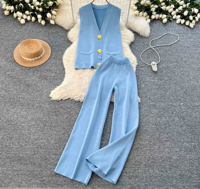 Verão Solid Sleeveless Cardigan Set Casual Metal Button Knit Vest Wide Leg Pants Set Knit Two Piece Set Mulheres