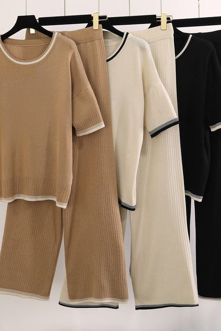 Fashionable Round Neck Short Sleeved Knitted Sweater High Waist Drooping Feeling Long Pants Pit Stripe Knit Two-Piece Set