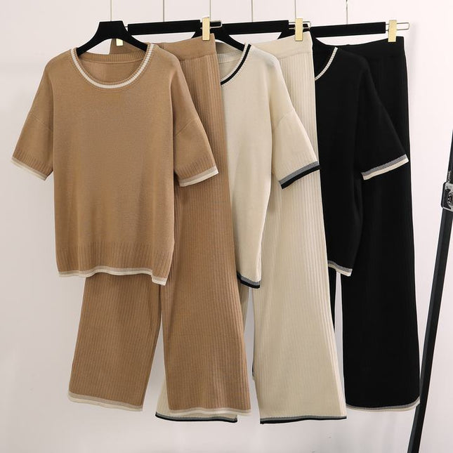 Fashionable Round Neck Short Sleeved Knitted Sweater High Waist Drooping Feeling Long Pants Pit Stripe Knit Two-Piece Set