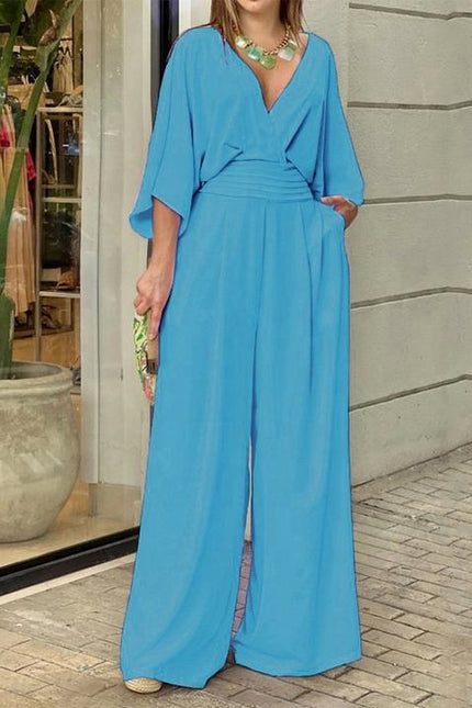 Summer Fall Long Sleeve Wide Leg Elegant V Neck Playsuit Jumpsuit Wholesale Women