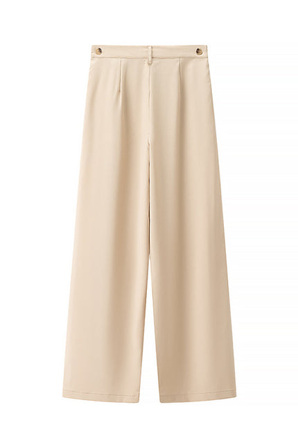Pleated Strapless Crop tank Top Beige Color Zipper Fly Long Pants Casual Fashion Women 2 Piece Set