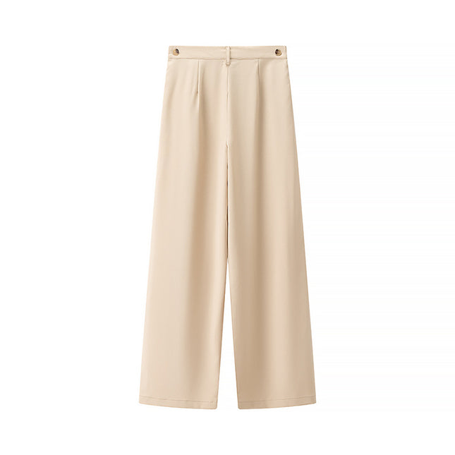 Pleated Strapless Crop tank Top Beige Color Zipper Fly Long Pants Casual Fashion Women 2 Piece Set