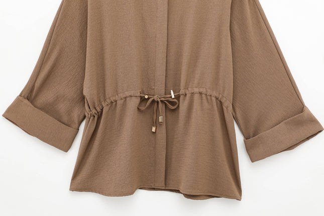 Turn Down Collar Khaki Color Long Sleeve Buttons up Casual Fashion Tops Blouse for Women