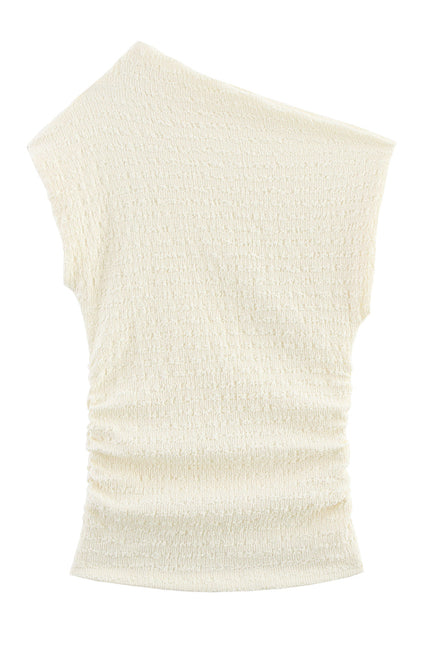 Asymmetrical Design Sleeveless Blouse Tops Beige Color Long Pants Casual Fashion Women 2 Piece Set