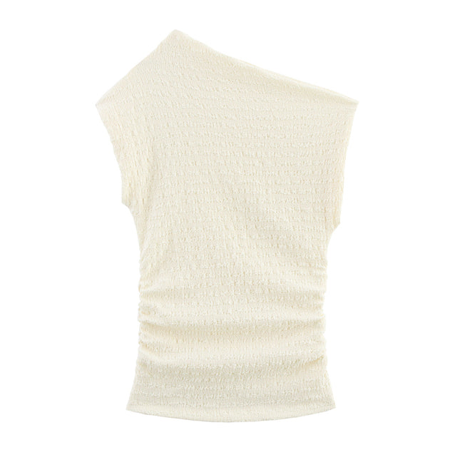 Asymmetrical Design Sleeveless Blouse Tops Beige Color Long Pants Casual Fashion Women 2 Piece Set