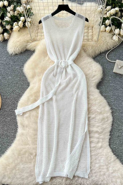 Outer Layered Skeleton See-through Mesh Knit Dress Women Summer Round Neck Sleeveless Vest Dresses