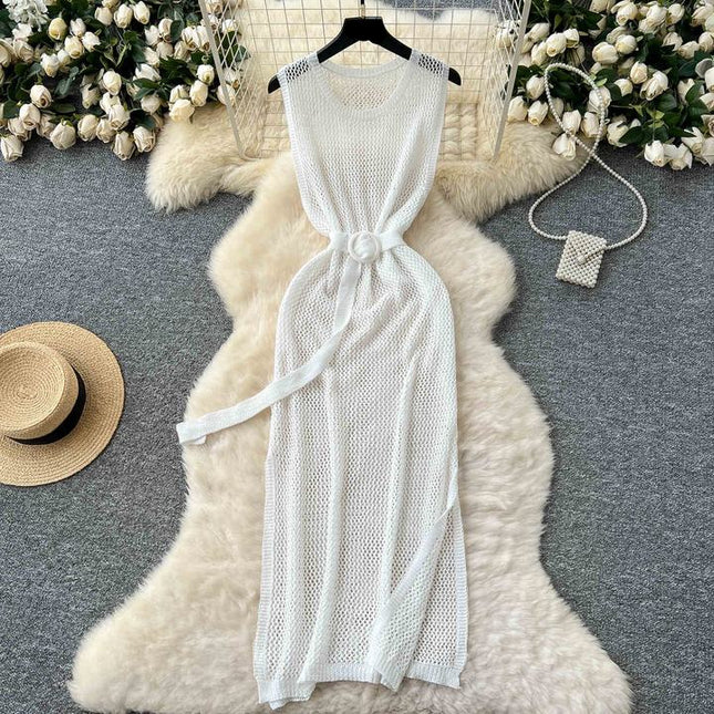 Outer Layered Skeleton See-through Mesh Knit Dress Women Summer Round Neck Sleeveless Vest Dresses