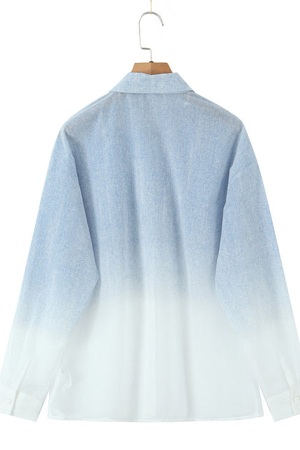 Blue White Color Buttons up Long Sleeve Turn Down Collar Casual Fashion Tops Blouse for Women