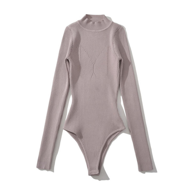 4 Colorway Solid Color Long Sleeve Knitted Casual Fashion Bodysuits for Women