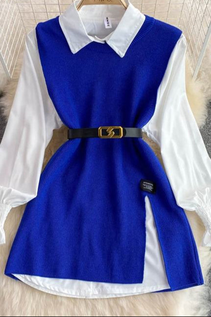 Spring Fall New Shirt Tops Female Design Sense Slit Knit Undershirt Blouse Two Piece