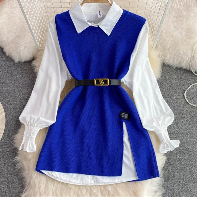 Spring Fall New Shirt Tops Female Design Sense Slit Knit Undershirt Blouse Two Piece