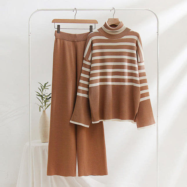 2023 Winter Custom Logo Turtleneck Striped Knitted Top Pullover Knitted Trousers 2 Piece Suit Women's Sweater