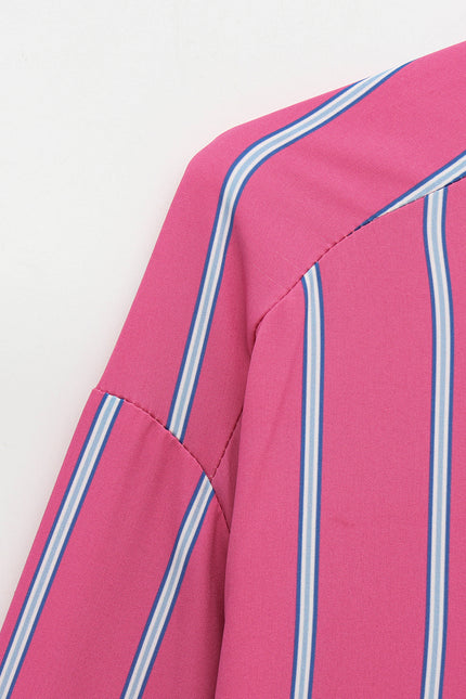 Striped Print pink Color Long Sleeve Turn Down Collar Buttons up Casual Fashion Tops Blouse for Women